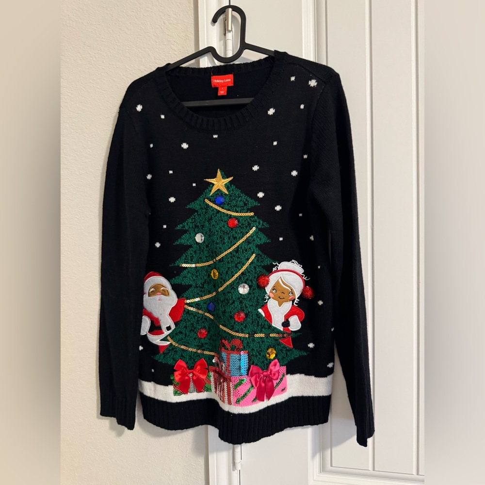 Holiday Time Festive Black Sweater with Christmas Design